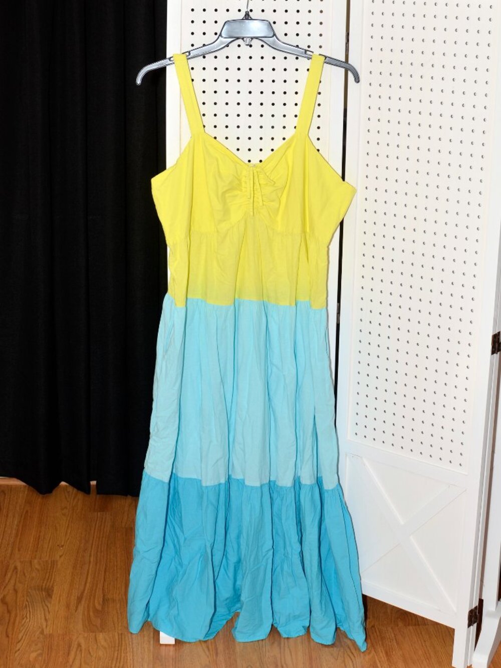 Terra & Sky Colorblock Tiered Maxi Sundress Yellow Blue Plus Size 2X (20W-22W)